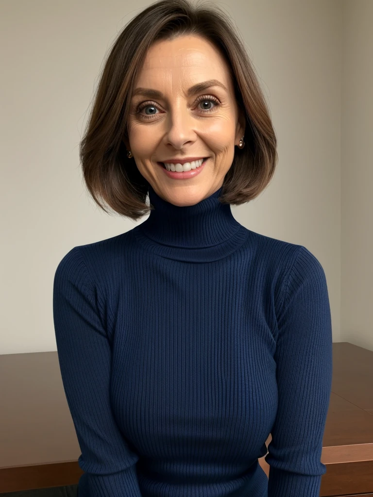 photo of a playful cute slutty horny mature submissive wife with big bulging beautiful eyes, She wears: (turtleneck high ribbed bright tight dark blue sweater:1.1), submissive seductive pose, high tight ribbed neck, seductive smile, perfect fake tits, turtleneck top