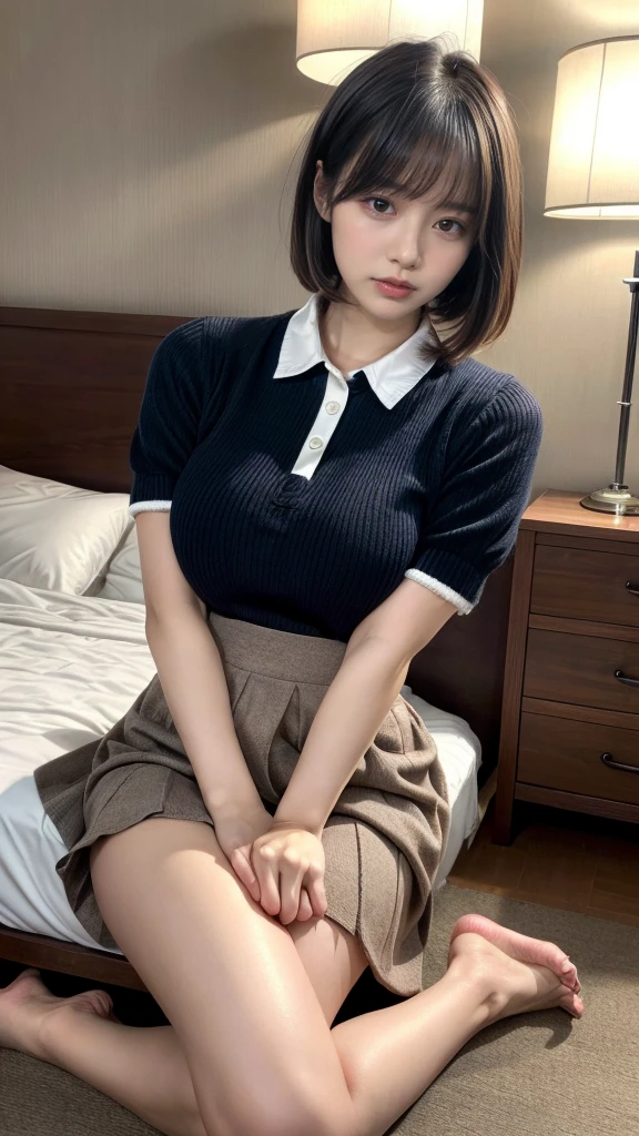 Masterpiece, highest quality, figure, Very detailed, Fine details, High resolution, 8k,wallpaper, Perfect dynamic composition,(Detailed high quality, Realistic depiction of eyes:1.3), (Collared knit shirt:1.1), Pleated skirt, Short Bob Hair、Black hair color, Big Natural Color Lip, Bold sexy pose, Crying a little、Cold Stare, Harajuku Style、Acrobatic pose, 20-year-old girl、Cute type、Lolita、Beautiful feet, Hotel Rooms, Idol Sculpture, Voluptuous thighs, Huge breasts