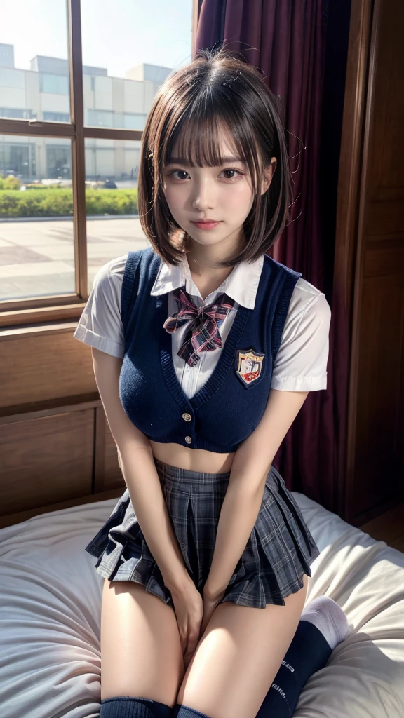 (8K, Raw photography, top-quality, masterpiece:1.2), master piece, best quality, illustration, Super detailed, fine details, High resolution, 8K,wall paper, perfect dynamic composition,(Details High quality, realistic depiction of eyes:1.3), ((1 girl, 1 schoolgirl)), The background is a luxury hotel room、High school girl uniform、Super Short Check Uniform Skirt、Navy blue high socks、garterbelts、Colossal tits、Disturbed uniform, Play with each other,Touching each other's bodies,Touching the body of the girl next door, short bob hair, black hair color, huge breasts, Big Natural Color Lip, bold sexy pose, (perfect body shape), crying a little、Beautiful makeup,glitter makeup,Cutest 18 years old, beautiful legs, hposing Gravure Idol, Voluptuous thighs