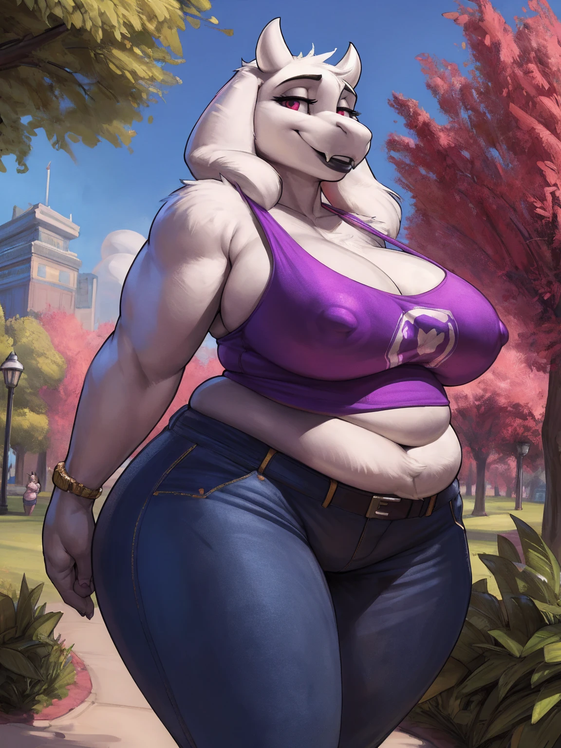 by darkgem, by duase, by kevinsano, solo, 1girl, toriel, maroon eyes, female, older woman, furry body, chubby, heavyset, wide body, wide hips, thick thighs, big arms, heavy breasts, nipple outline, highly detailed eye, (slit pupil), (black pupil:1.3), milf, tank top, bare midriff, cleavage, large areolae, mom jeans, lowrise jeans, muffin top, bare midriff, visible thong straps, Masterpiece, best quality, absurd res, highly detailed, cleanly drawn eyes, park environment, cute smile, black lipstick, standing upright, casual posture, 