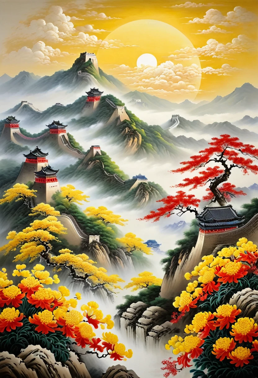 National tide wind, (Big Red Sun :1), Mountains, Clouds :1, Mountains, rivers, Flowers, Hills, Peaks, Mountains, Great Wall of China, Auspicious clouds, Mountains, Yellow chrysanthemum. oil painting,