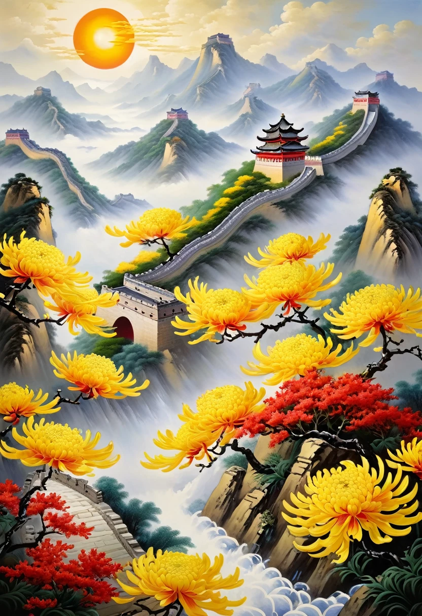 National tide wind, (Big Red Sun :1), Mountains, Clouds :1, Mountains, rivers, Flowers, Hills, Peaks, Mountains, Great Wall of China, Auspicious clouds, Mountains, Yellow chrysanthemum. oil painting,