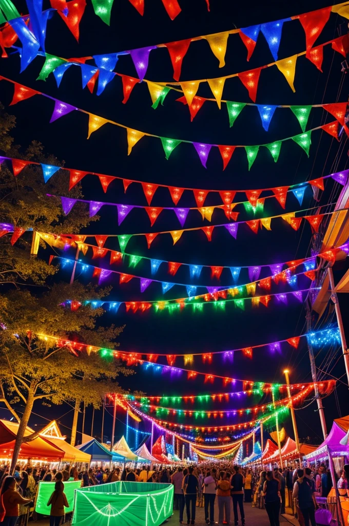 Colorful party, fun, decorated with lights and colored flags, streamers, music. outdoor, similar to a fair.