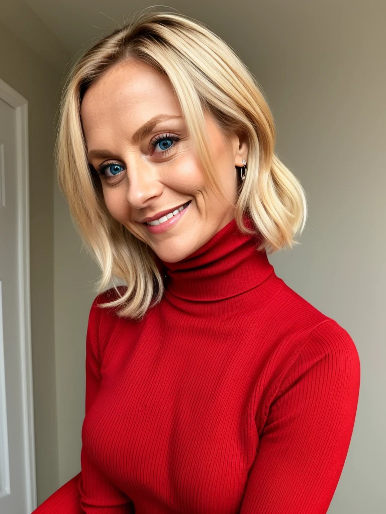 photo of a playful cute slutty horny blonde mature submissive wife with big bulging beautiful eyes, She wears: (turtleneck high ribbed bright tight red sweater:1.1), submissive seductive pose, high tight ribbed neck, seductive smile, perfect fake tits, turtleneck top