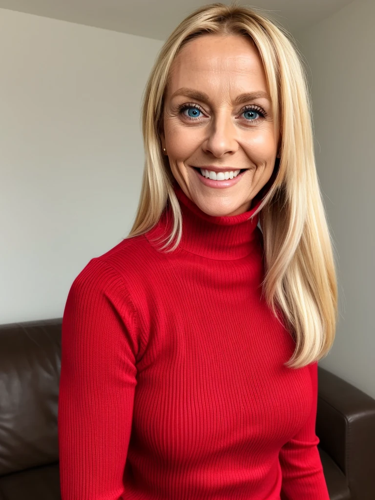 photo of a playful cute slutty horny blonde mature submissive wife with big bulging beautiful eyes, She wears: (turtleneck high ribbed bright tight red sweater:1.1), submissive seductive pose, high tight ribbed neck, seductive smile, perfect fake tits, turtleneck top