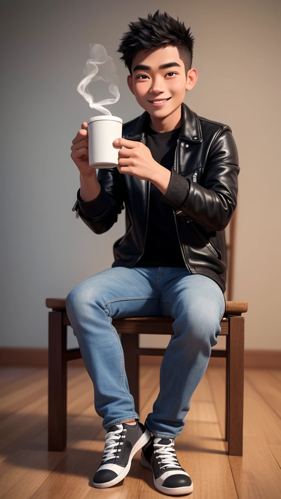Realist 3D caricature, a young man, Indonesian face, wearing a black jacket, wearing jeans, wearing sneakers, sitting on a wooden chair, smiling, while carrying a cup of warm coffee, smoke effect, black rustic photography background, UHD, Hasselblad X1D II  50c Camera, iso 200