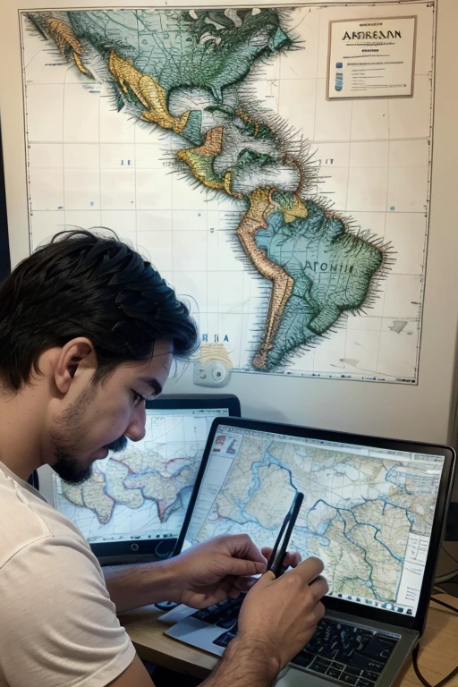 two Latin American workers carrying out cartographic and GIS projects on the computer, creating a map of the Argentine Republic