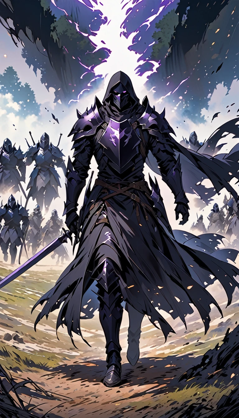 male black shadow ghost knight walking away from a battlefield, shadow, black, knight, ghost knight, full body view, facing front, shadow knight, purple eyes