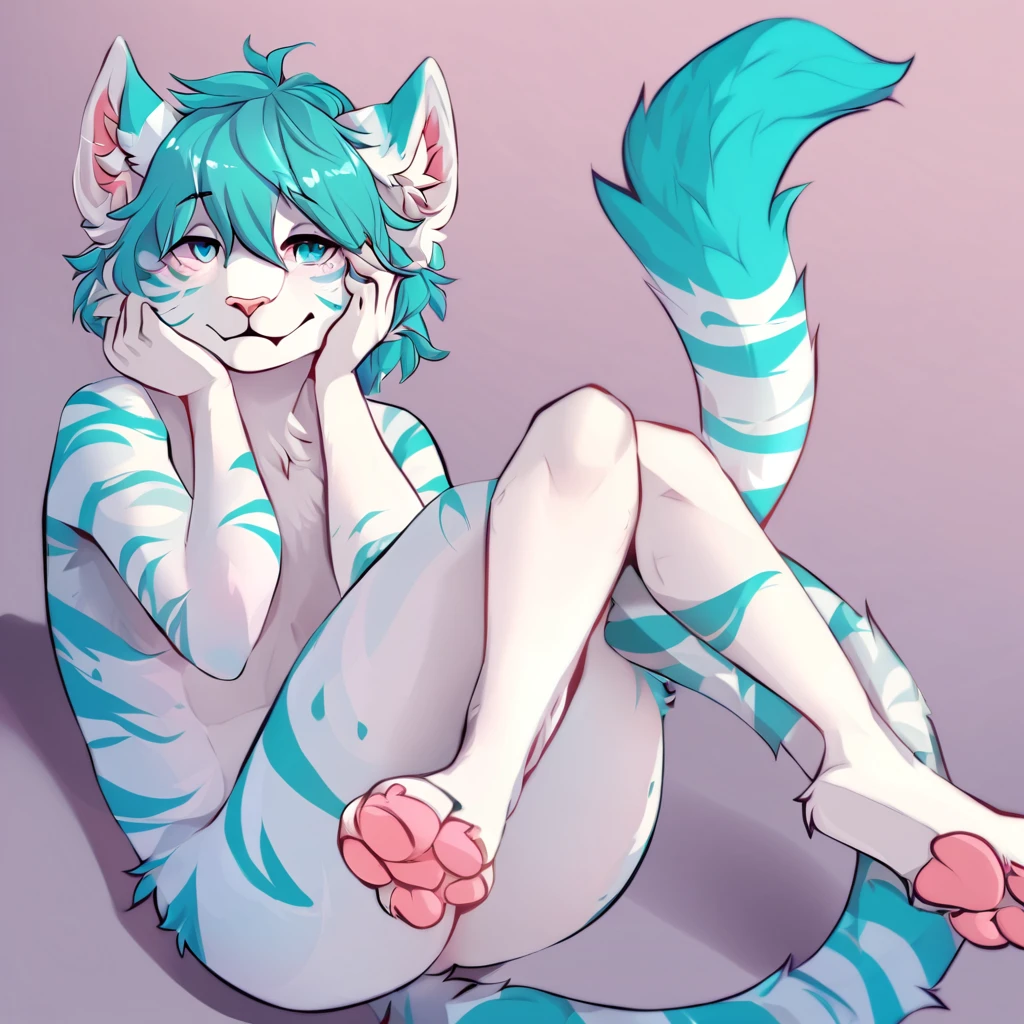 adult, feline, mammal, anthro, anthromorphic, cat, striped, fur, furred_anthro, femboy, male, blue, ear_tufts, purple, paws, hair_tuft, hair_between_eyes, long_tail, fluffy, expressive_eyes, blue/teal_hair, light looking_at_viewer, blue_fur, shy, small_pupils, spotted_pattern, stripes, tiger_stripes, digital_art, high_resolution, high_res, background, shy, posing, laying_down, pink_paws, paws