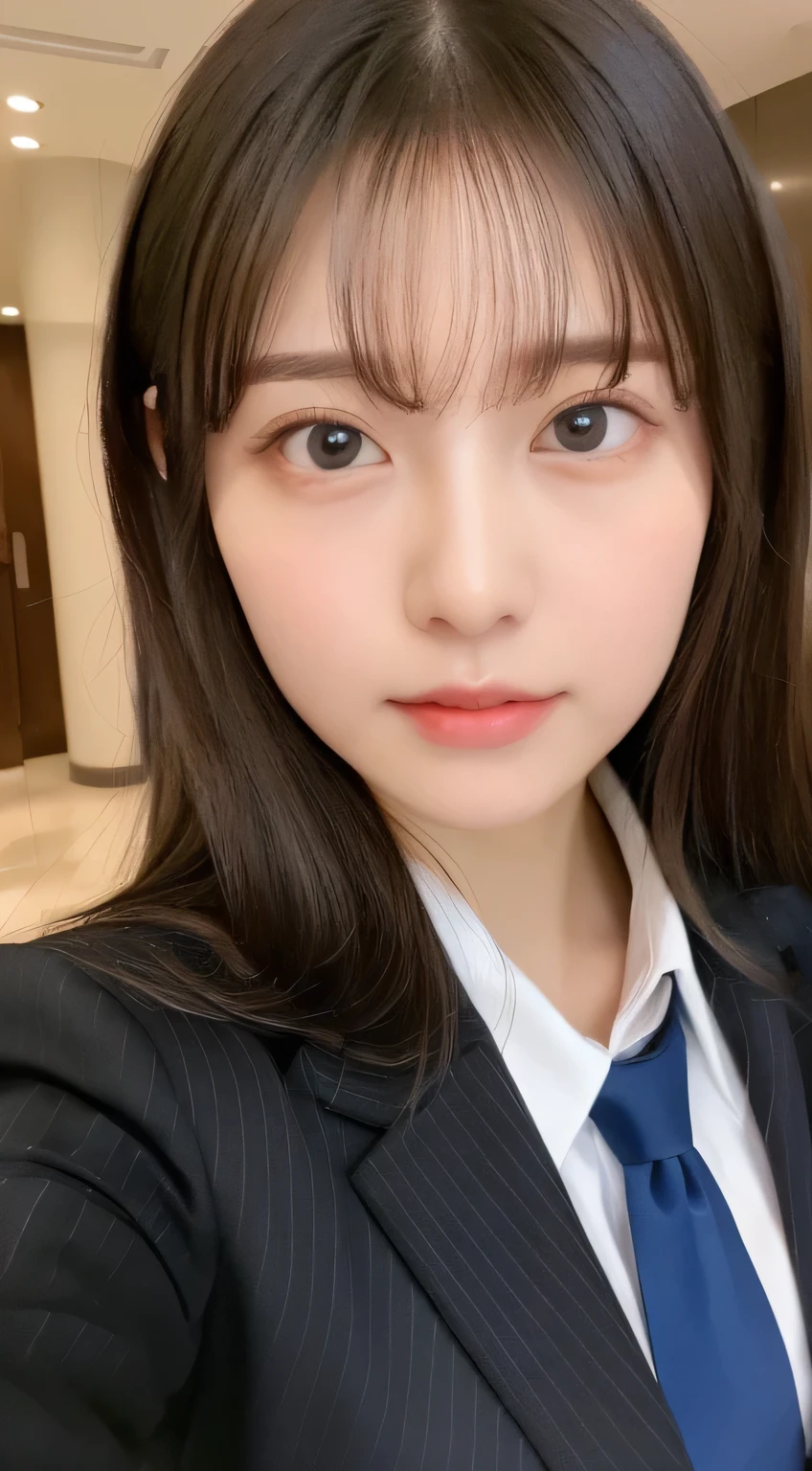 ((Highest quality、8K、masterpiece:1.5))、One Girl、(Unhealthy face)、(To the letter)、Blunt bangs、(Lots of vans:1.4)、(Esbian all over:1.ymmetrical face)、Ultra detailed face、Highly detailed mouth、Detailed eyes、Detailed ears、Slim face、(Selfie:1.4)、(Off the shoulder)、(Underarm)、(look up)、(From above)、(Straight Long Hair、Ahoge:1.3)、(Upward glance)、The background is blurred、(Formal suit、tie:1.3)、Lip gloss、(Hotel Entrance)、(Natural soft light:1.3)、