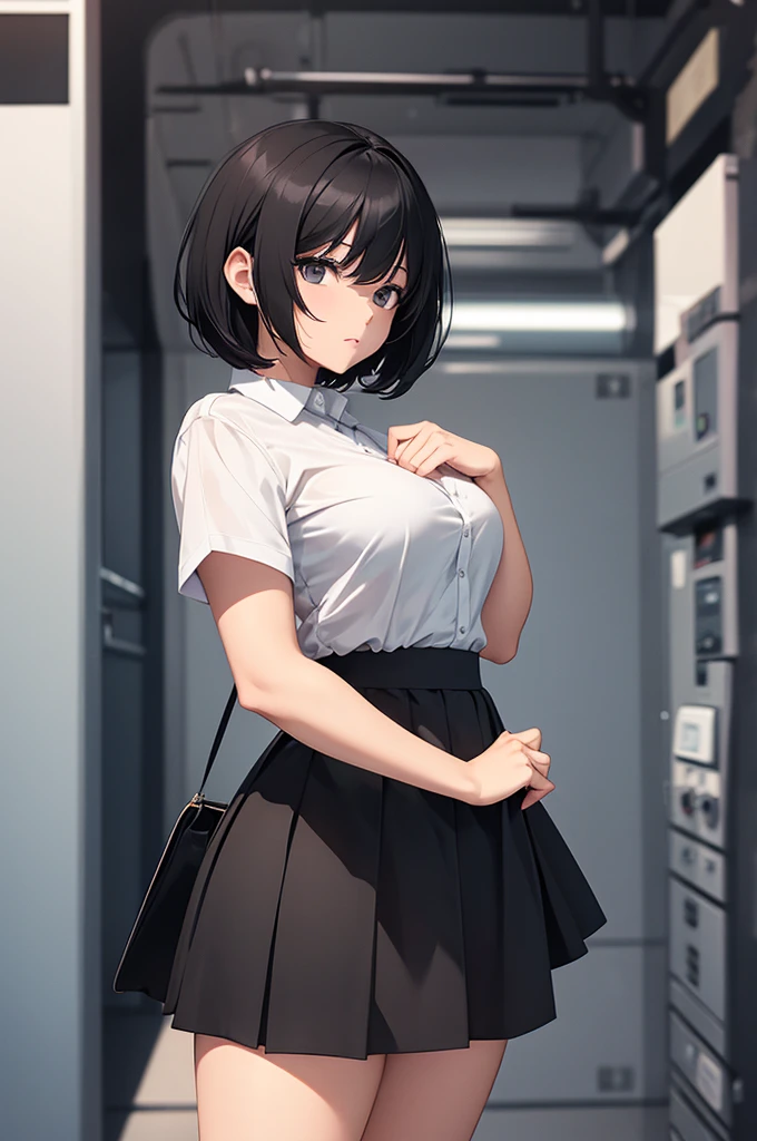 A woman with short black hair wearing a black skirt with thick thighs 