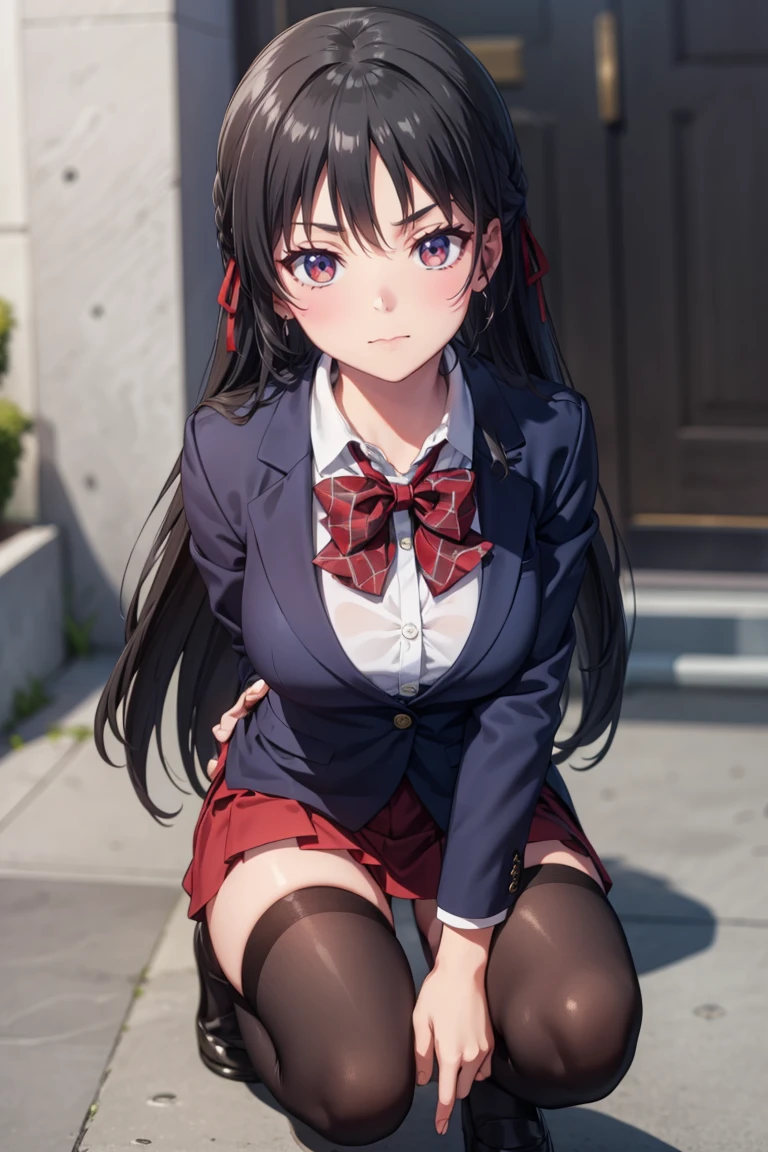 suzune horikita, long hair, black hair, (red eyes:1.3), hair ribbon, braid, smile,
BREAK bow, , jacket, bowtie, blue bowtie, blazer, (red blazer:1.5), skirt, white skirt,((black thighhighs))
BREAK indoors, classroom,sitting,full body(((白いブラジャー、白いパンティ)))、
BREAK looking at viewer,
BREAK (masterpiece:1.2), best quality, high resolution, unity 8k wallpaper, extremely detailed face,(perfect hands, perfect anatomy),