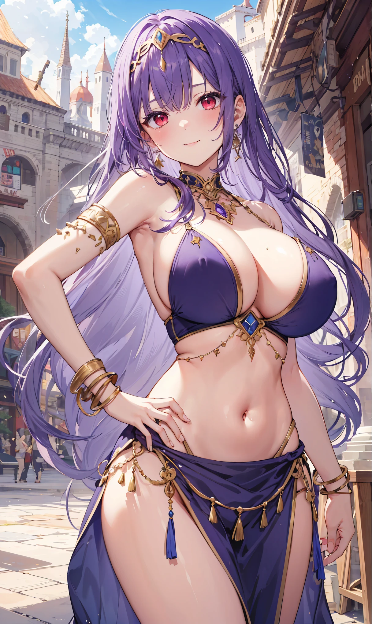 high quality, ultra detailed, best quality, insanely detailed, beautiful, masterpiece, 1girl, medieval plaza, cowboy shot, red eyes, long hair, purple hair, belly dancer, circlet, earrings, armlets, bracelets, bashful smile, large breasts, cleavage, soft stomach
