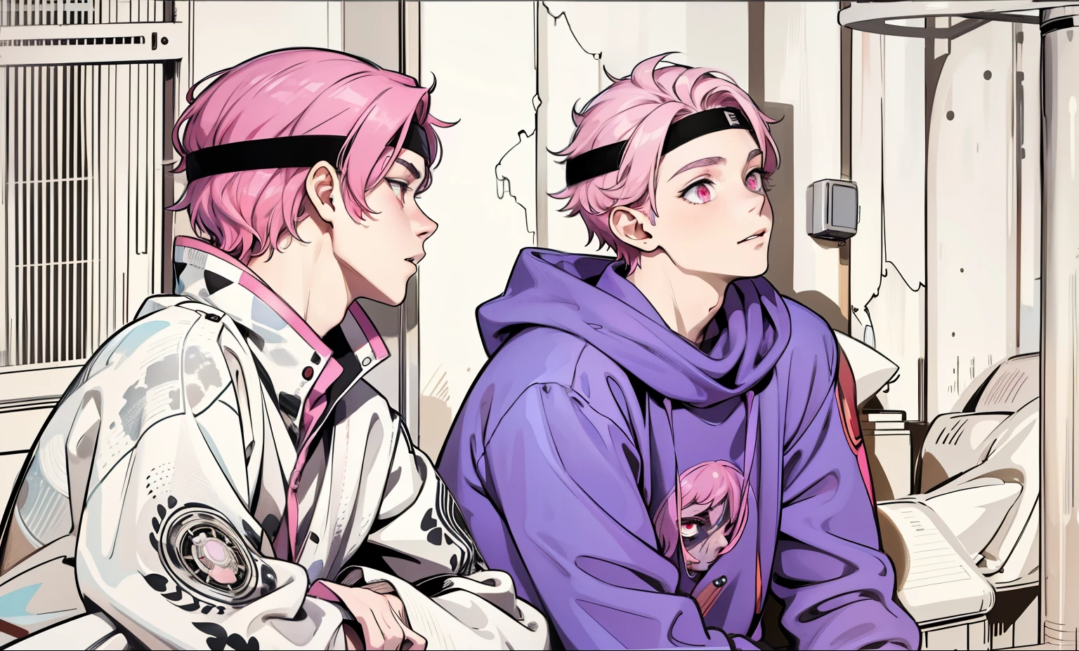 The 16 year old boys have pink eyes, pink hair, they have a black TV band on their heads, they are looking at someone in front of them, they have pink hair. 