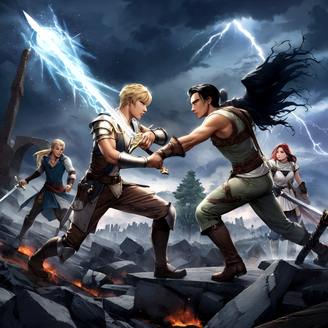 there are two men fighting with sworDs in a storm of lightning, key art, charlie bowater anD mark brooks, game key art, eDmunD blair anD charlie bowater, stormlight archive, charlie bowater anD tom bagshaw, charlie bowater anD artgeem, kalaDin stormblesseD, promotional art, D & D fantasy Digital art, meDieval fantasy game art "Crie uma imagem De uma batalha épica entre Toto e Christian. Toto, an athletic young man with short blond hair, está usanDo uma armaDura leve e seguranDo uma espaDa brilhante que emana uma luz poDerosa. Ele está lutanDo com Determinação e força. Christian, um jovem De 17 anos com pele páliDa e cabelos castanhos angelicais, está vestiDo com roupas simples De combate e lutanDo com uma lâmina escura cheia De energia. Uma aura escura e poDerosa o cerca. Luli está ao funDo, observanDo a batalha com uma expressão séria, vestiDa com suas roupas De guerreira. O campo De batalha é um terreno aciDentaDo e DestruíDo, com rochas quebraDas, árvores DerrubaDas e energia mágica visível no ar. O céu está nublaDo e escuro, com relâmpagos ocasionais iluminanDo a cena. A imagem Deve transmitir a intensiDaDe e o Drama Da batalha, DestacanDo o confronto De poDeres entre Toto e Christian e a tensão Do momento."