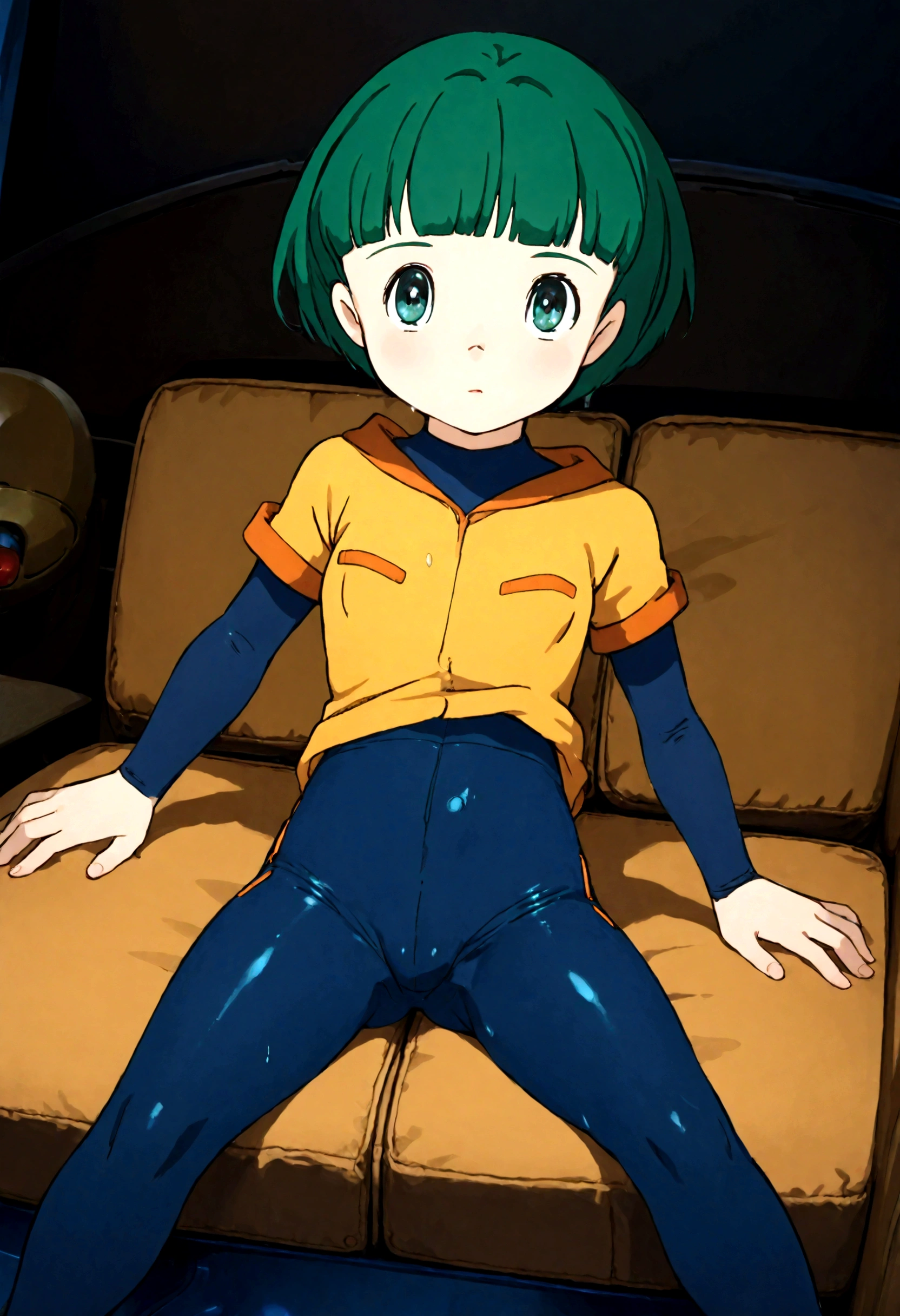 Cute boy, ropple, blue eyes, green hair, nsfw, small breasts, waist, motorcycle pants, wet spats, cute crotch penis, sitting, full view body ,