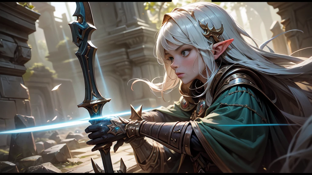 a close-up of a comic book action figure with detailed art and sharp drawing. A beautiful elven war leader, surrounded by magic, holding some kind of futuristic weapon, Concept art by Yusuke Murata, Trends on ArtStation, under Art, von Hearthstone, Elfenmensch, Hearthstone Card Art, Trading Card Art. The surroundings of the royal castle dungeon are threatening, with stone walls and a silence, which is depressing, surrounded by rays of light, magical jewelry and clothing of nature. 8k resolution in Ultra HD image.