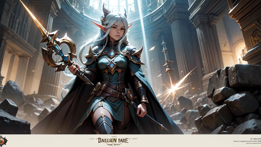 a close-up of a comic book action figure with detailed art and sharp drawing. A beautiful elven war leader, surrounded by magic, holding some kind of futuristic weapon, Concept art by Yusuke Murata, Trends on ArtStation, under Art, von Hearthstone, Elfenmensch, Hearthstone Card Art, Trading Card Art. The surroundings of the royal castle dungeon are threatening, with stone walls and a silence, which is depressing, surrounded by rays of light, magical jewelry and clothing of nature. 8k resolution in Ultra HD image.