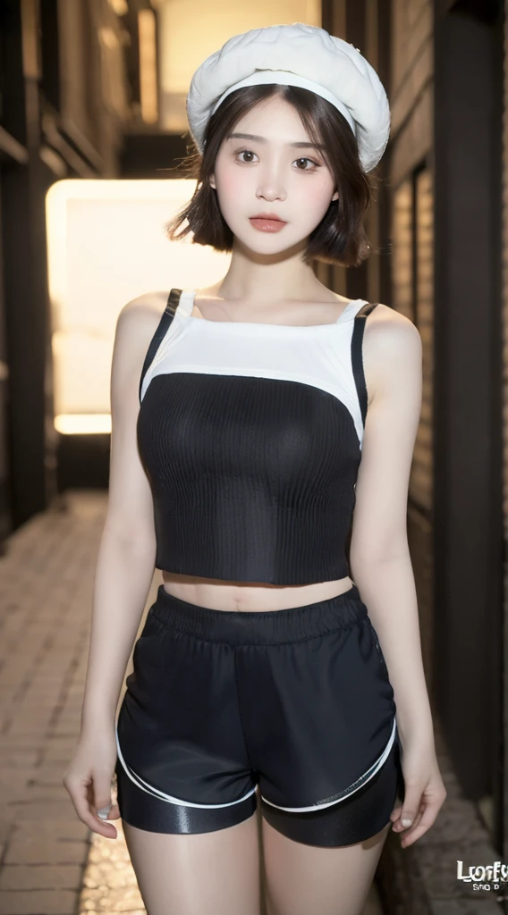 ((Best Quality, 8K, Masterpiece: 1.3)), (Flower Cap: 1.3), Focus: 1.2, Perfect Body Beauty: 1.4, Buttocks: 1.2, (Layered Haircut: 1.2)), (Dark Street: 1.3), Highly Detailed Face and Skin Texture, Full Body, Delicate Eyes, Double Eyelids, Whitened Skin, Long Hair, (Round Face: 1.5), (Loose Crop Top, Shorts: 1.6)