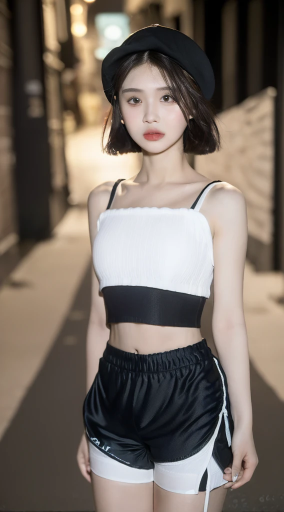 ((Best Quality, 8K, Masterpiece: 1.3)), (Flower Cap: 1.3), Focus: 1.2, Perfect Body Beauty: 1.4, Buttocks: 1.2, (Layered Haircut: 1.2)), (Dark Street: 1.3), Highly Detailed Face and Skin Texture, Full Body, Delicate Eyes, Double Eyelids, Whitened Skin, Long Hair, (Round Face: 1.5), (Loose Crop Top, Shorts: 1.6)