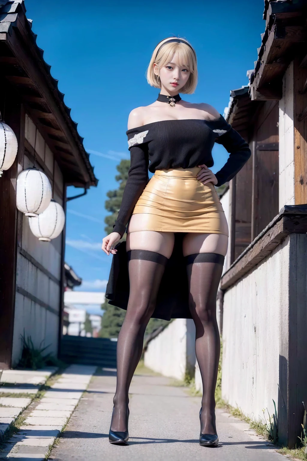 High angle shot, Street Snap, Standing in the neon city at midnight, woman(expensive)There are three gals, (Three Girls), Amazingly cute, Japanese blonde hair, blonde hair, short hair, hairband, glaring, furrowed brow, makeup, grimace, scowl, Surrealism, first-person view, first-person view, Wide-Angle, uhd, anatomically correct, super detail, 16K, タイトスカートとタイトな黒ストッキングをはいたwomanの全身撮影, Off-the-shoulder long-sleeve knit, Accentuate your cleavage, Black mini skirt, Korean girl, ( Ivory Black ), Choi Hong-hwa, Lee Ji-eun, Lee Ji-eun, Korean women's fashion model, Ulzzang, Korean, sakimichan, Jaeyoung Nam, Kim Tae-jun, Micro Mini Skirt, (The skirt is very short), (Very long legs), (very wide thighs), ((&quot;Tadashi&quot; tattoo on thigh)), (She always wears black stockings), (ヒールがexpensiveブラウンの厚底プラットフォームハイヒールを着用), Accurate high heels,