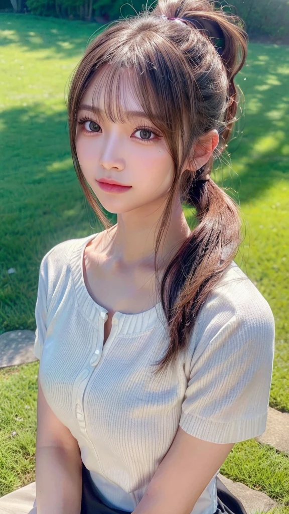 One piece with collar,outdoors,Urban Park,On the lawn,Ultra-detailed, finely detail, hight resolution, 8K Wallpaper, Perfect dynamic composition, Beautiful detailed eyes,Outdoor,Close-up of face,Outdoor,Blushing,Facing forward,,Long hair ponytail,((8k, Raw photo, Best Quality, Mastepiece:1.2), (Realism, Photorealistic:1.4), (Highly detailed 8K wallpapers), Depth of written boundary, Cinematic Lighting, Soft Light, Detailed Beauty Eye,Shiny and smooth light brown ponytail, Asymmetrical bangs, Shiny skin, Ultra-detailed skins ,It is high resolution., High detail, Detailed hairstyle, Detailed facial beauty, Hyper-realistic, Perfect limbs, Perfect Anatomy ,1 Japanese girl,Famous Japanese Idols, Perfect female body,A shy smile,Short eyelashes,Double-edged eyelids,Look straight here,Hair style: ponytail,
