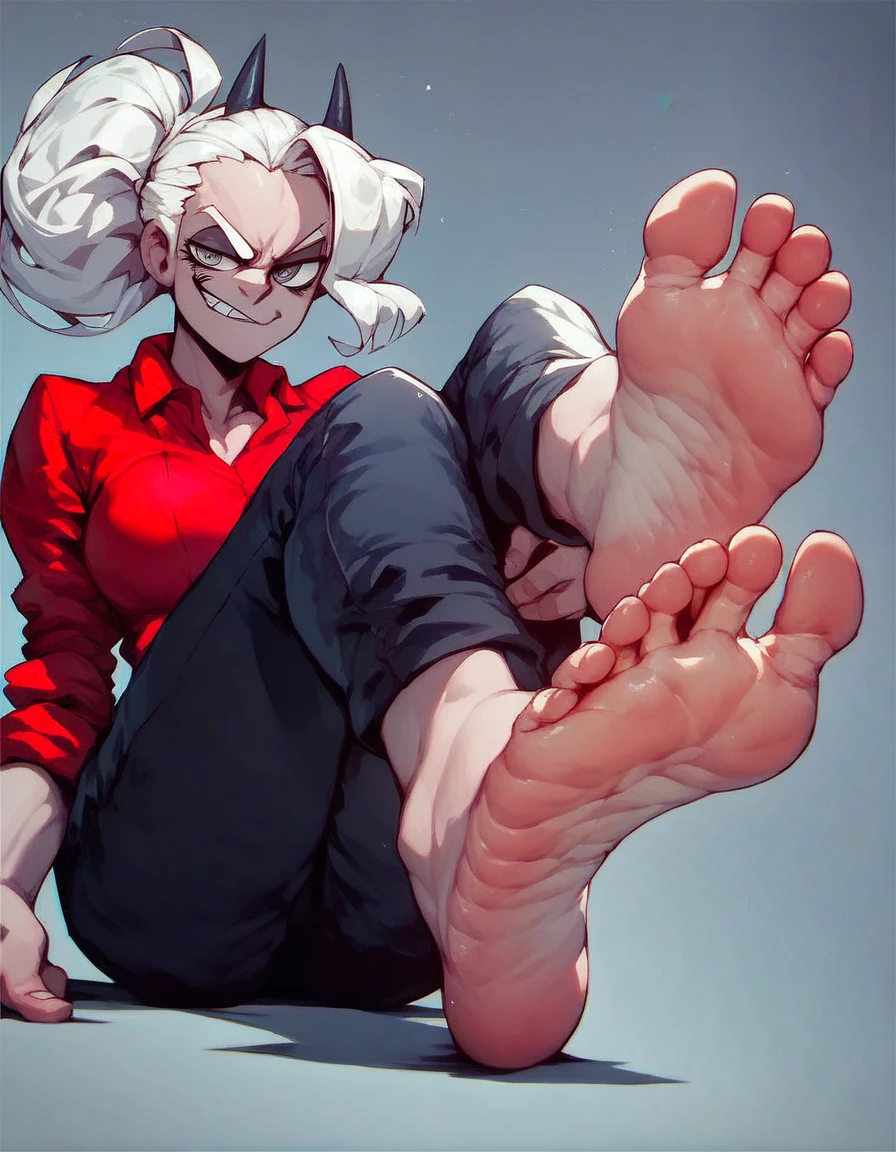 justice from helltaker, white hair, ponytail, showing feet, soles, toes, evil smirk, grey eyes, red shirt, black pants, bareffot