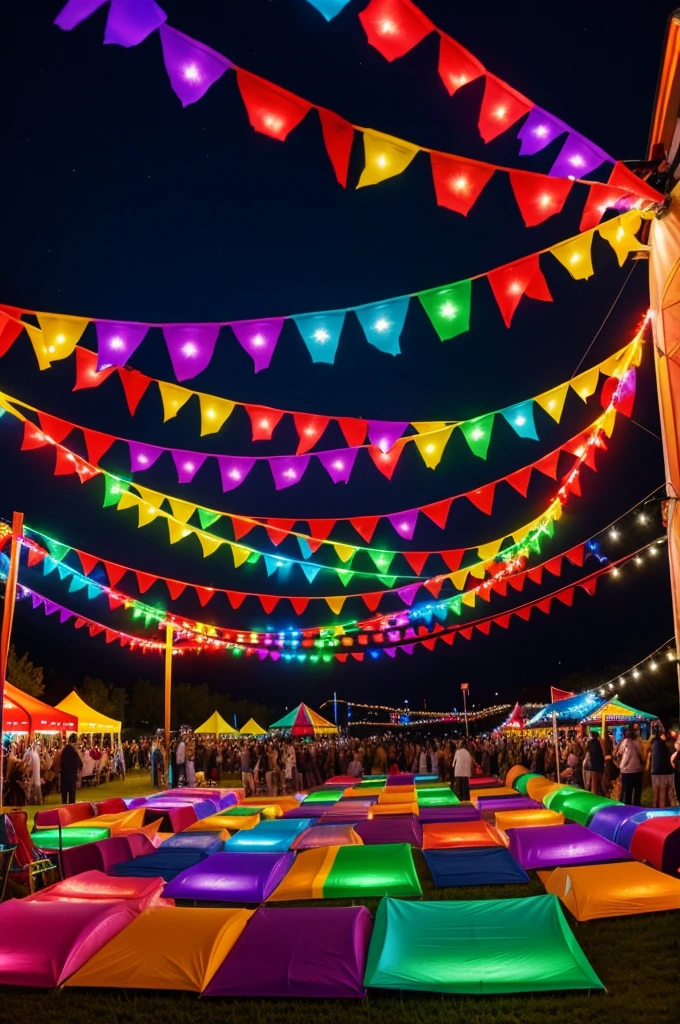 Colorful party, fun, decorated with lights and colored flags, streamers, music. outdoor, similar to a fair but without tents.
