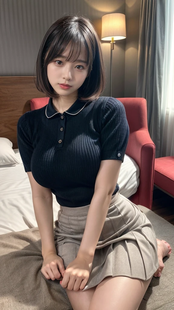 Masterpiece, highest quality, figure, Very detailed, Fine details, High resolution, 8k,wallpaper, Perfect dynamic composition,(Detailed high quality, Realistic depiction of eyes:1.3), (Collared knit shirt:1.1), Pleated skirt, Short Bob Hair、Black hair color, Big Natural Color Lip, Bold sexy pose, Crying a little、Cold Stare, Harajuku Style、Acrobatic pose, 20-year-old girl、Cute type、Lolita、Beautiful feet, Hotel Rooms, Idol Sculpture, Voluptuous thighs, Huge breasts