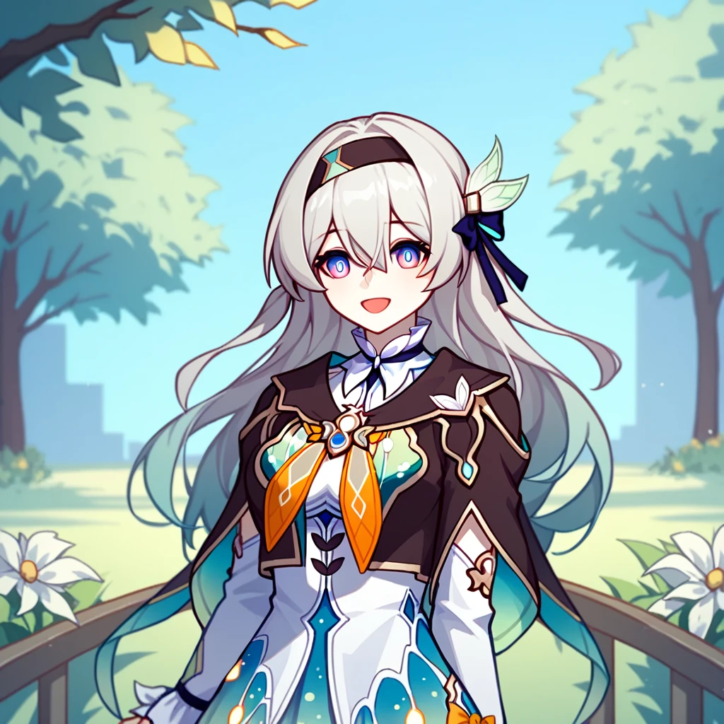 firefly \(honkai: star rail\),1girl,solo,jacket,white dress,long sleeves,white flower,headband,