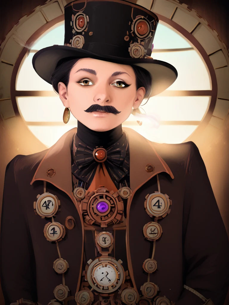 a humanoid figure with an orange octopus head, a black moustache, wearing a top hat and monocle, dressed elegantly, smoking, (best quality,4k,8k,highres,masterpiece:1.2),ultra-detailed,(realistic,photorealistic,photo-realistic:1.37),steampunk, intricate details, dramatic lighting, rich colors, cinematic composition