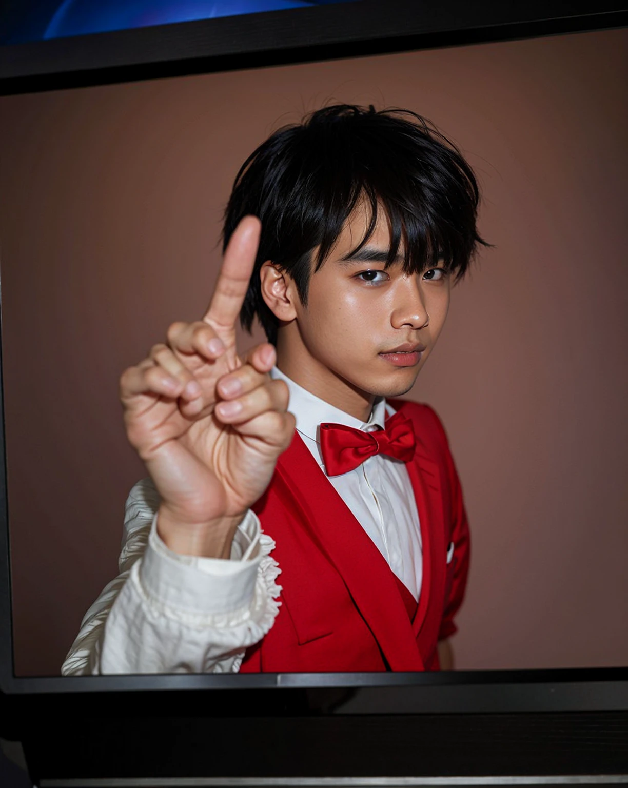 Asian boy, good lighting, smooth hair, glossy skin, blur background, high quality, 8k resolution, middle finger