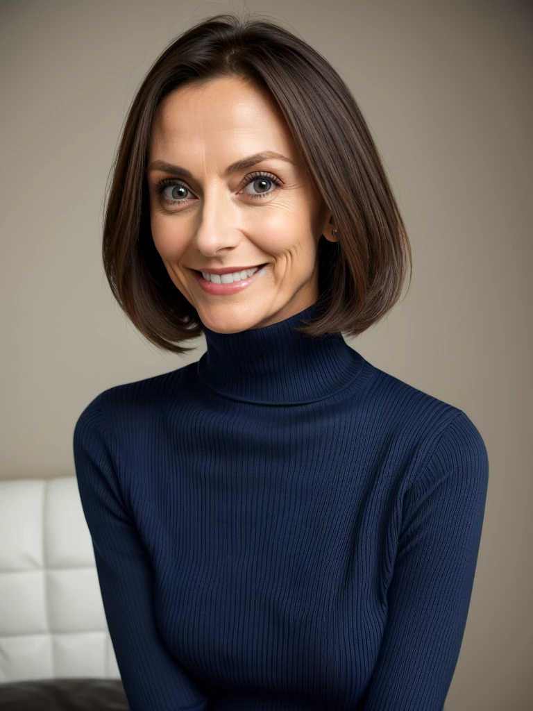 photo of a playful cute skinny slutty horny mature submissive wife with big bulging beautiful eyes, She wears: (turtleneck high ribbed bright tight dark blue sweater:1.1), submissive seductive pose, high tight ribbed neck, seductive smile, perfect fake tits, turtleneck top