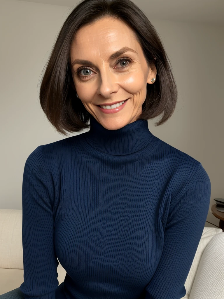 photo of a playful cute skinny slutty horny mature submissive wife with big bulging beautiful eyes, She wears: (turtleneck high ribbed bright tight dark blue sweater:1.1), submissive seductive pose, high tight ribbed neck, seductive smile, perfect fake tits, turtleneck top