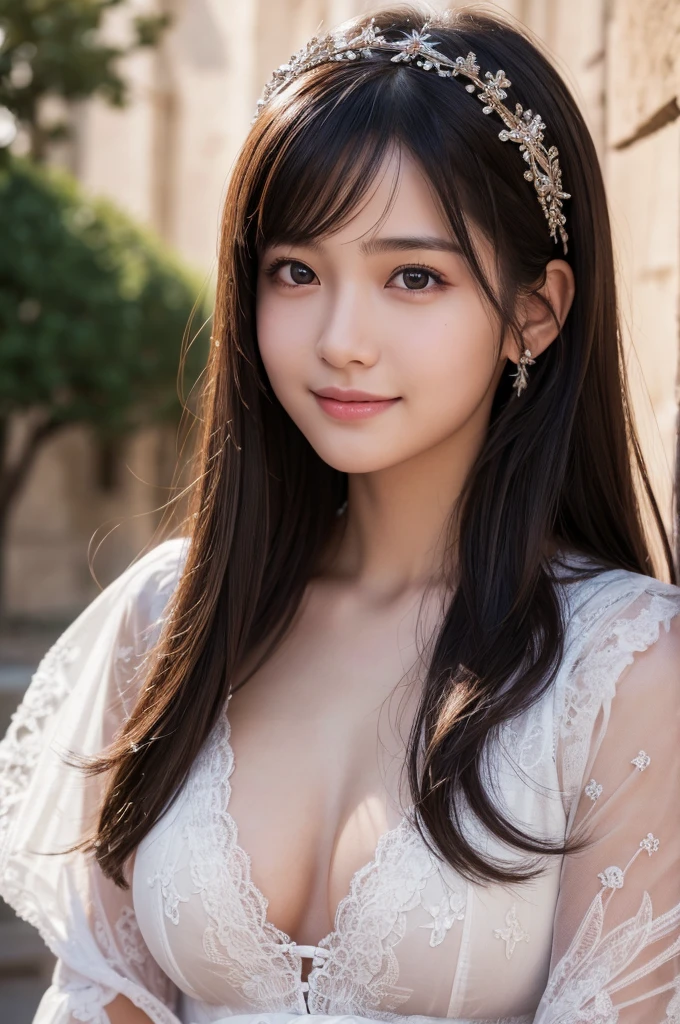 (Realistic, Photorealistic: 1.37), Incredibly Absurd, (Insanely Detailed: 1.3), 8k, (Masterpiece), (Highest Quality: 1.4), (Ultra High Resolution: 1.2), (RAW Photo: 1.2), Ultra Detailed Background, (Unity 8k Wallpaper), One girl from Nogizaka, Very cute, Beautiful girl, 15 years old, Exquisitely detailed and beautiful face, eyes and skin, Detailed black glossy hair, Rose hair accessory, Smiling at the camera, Cowboy shot, European castle scenery, Professional lighting, Nipple slip