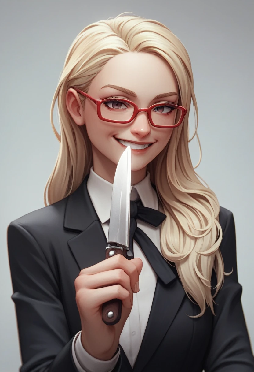 (avatar nice blonde woman), (long hair alone smiling), (only the bust), (Black Suit), (Red glasses), (holding and knife in hand), (3d style image).