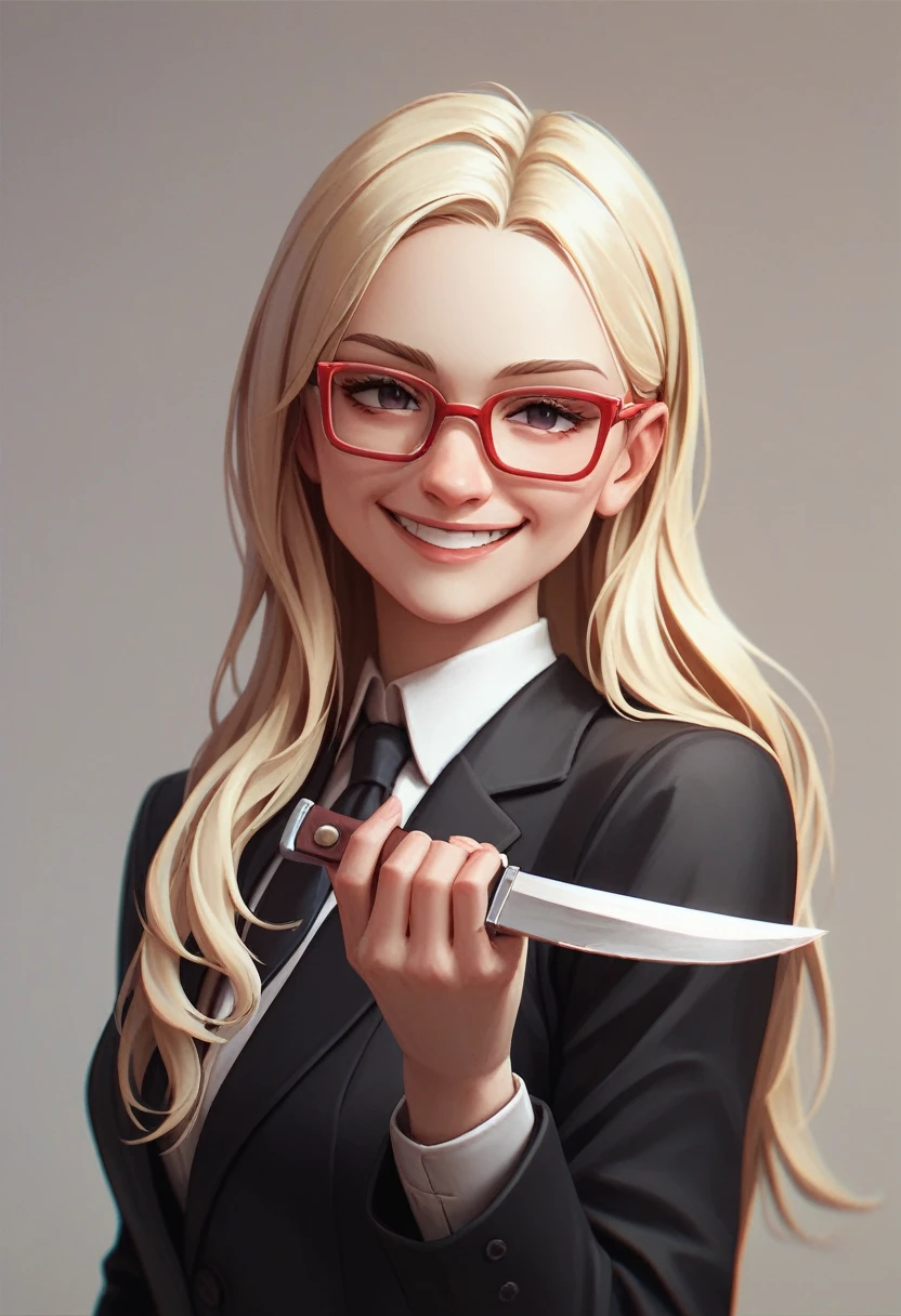 (avatar nice blonde woman), (long hair alone smiling), (only the bust), (Black Suit), (Red glasses), (holding and knife in hand), (3d style image).
