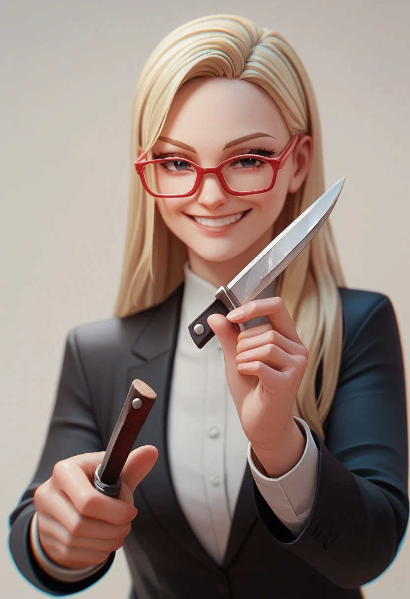 (avatar nice blonde woman), (long hair alone smiling), (only the bust), (Black Suit), (Red glasses), (holding and knife in hand), (3d style image).