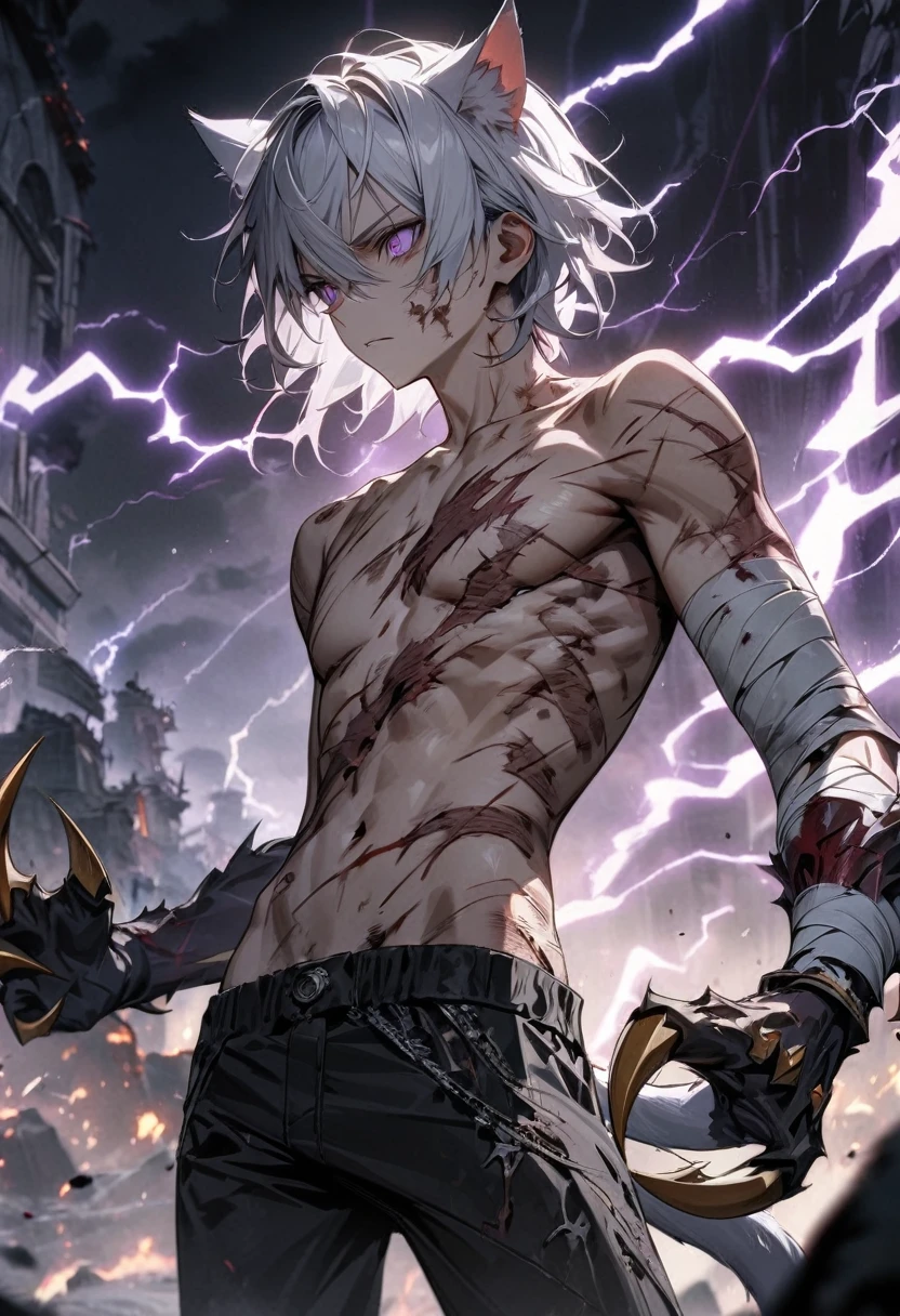 Young boy, short white hair, cat ears, cat tail, purple eyes, claws, lot of scars on body, burns on body, skinny, claws, open torso, bandages on body, black pants , lightning, blood, Masterpiece, best quality, Full HD, 8k, ultra details, great graphic