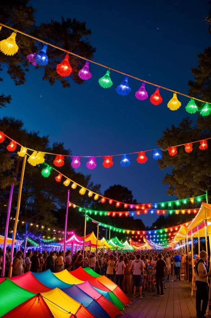 Colorful party, fun, decorated with lights and colored flags, streamers, music and food. outdoor, similar to a fair but without tents.