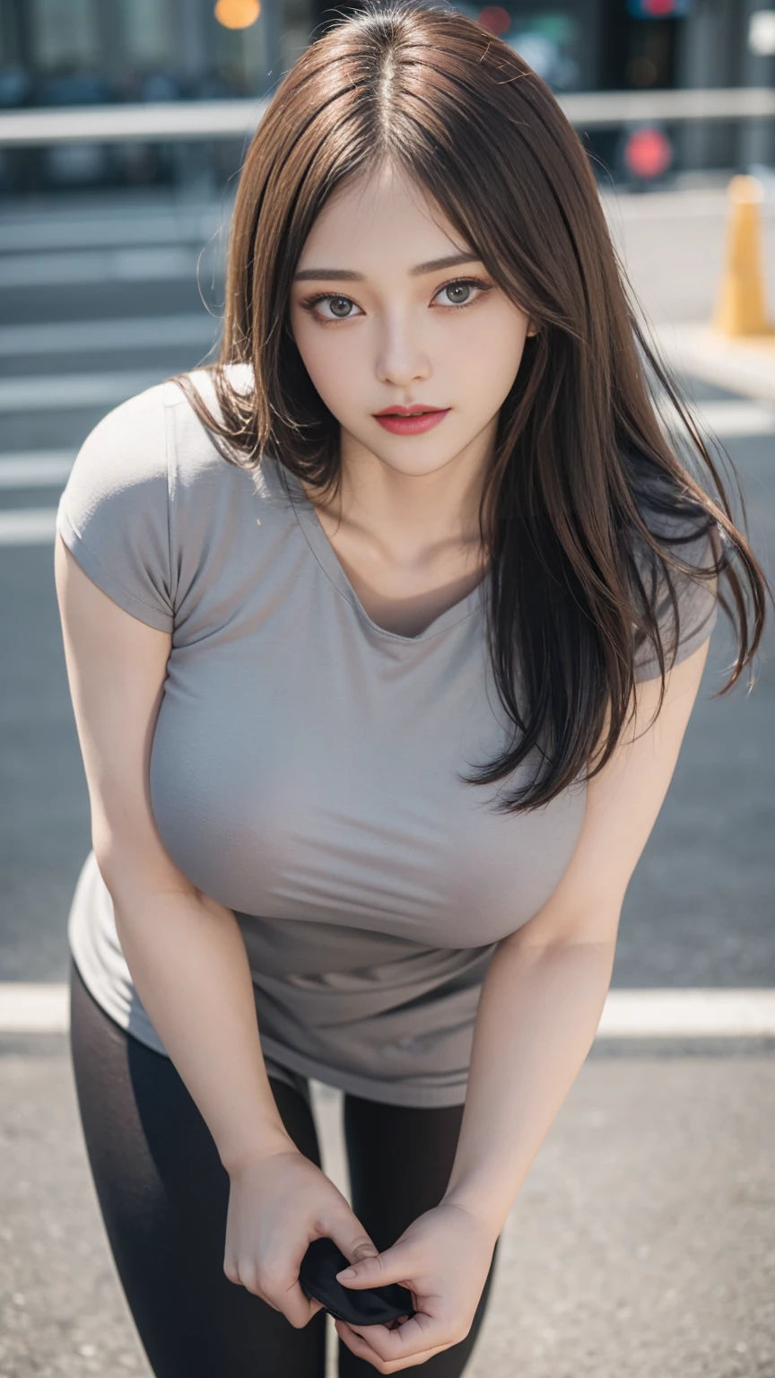 ((1 lady wearing, Gray T-shirt)), ((black tight leggings)), ((Standing on the road)), zoom camera in the crotch, angle from below), looking to the side, very smile, blushing, ((background new york cityscape)), distressed, reluctant, glare, (sexual arousal:1.5, ) , NSFW, 8k, RAW photo, masterpiece, absurdity, top quality, high resolution: 1.1, ultra-detail, hyper-realistic: 1.4, realistic, photorealistic: 1.3, cinema light, film grain, closeup, full body, depth of field, eye focus, young, 85mm lens, f/1.5, Professional lighting, portrait, photon mapping, radiocity, physically based rendering, transparency, soft light, realistic face, realistic body, realistic skin, clean: 1.8, Dark red hair, hairstyle to match the trend of Japan in 2023, Huge-breasted not closed: 1.2, blusher, good style, (very dark lip gloss, bright red lipstick, so many eyelashes, blue eyes, pitch black eyeshadow big-breast), company, camel toe, long legs, PureErosFace_V1: 0.8, dynamic pose