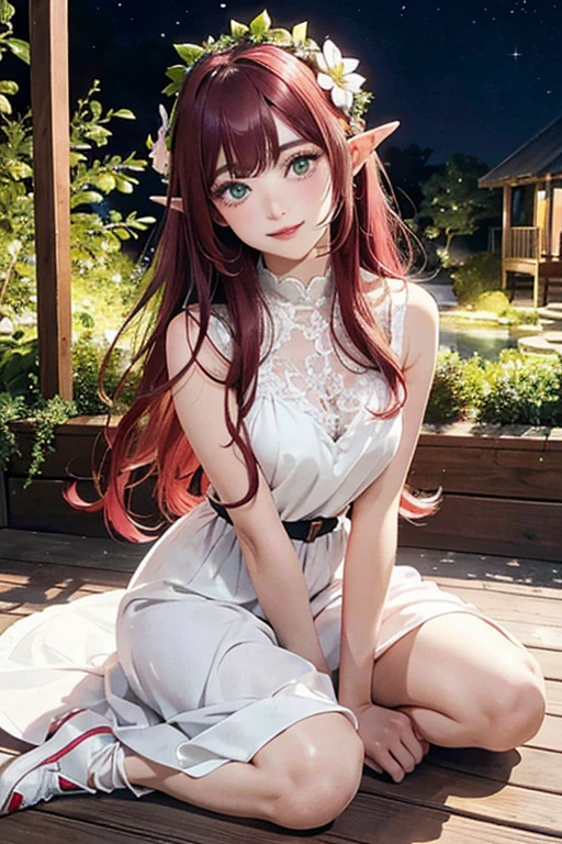 Little Elf Lola, beautiful smile, Long red hair, loose, shiny and silky, naked, flower dress, ((full body)), sitting on the porch floor in the moonlight, Photo 9x16, night scenery, (best quality, 4K, 8k, high resolution, masterpiece: 1.2), ultra-detailed (realistic, photorealistic: 1.37), beautiful detailed eyes, beautiful detailed lips, extremely detailed eyes, extremely detailed eyes and face, green eyes, long eyelashes, toony style, playful expression, curved silhouette, looking over the shoulder, pink and white color palette, soft lighting.