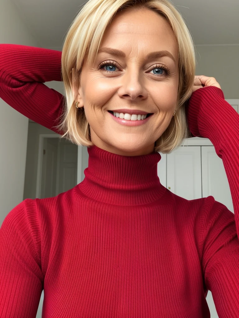 photo of a playful cute slutty horny blonde mature submissive wife with big bulging beautiful eyes, very short hair, She wears: (turtleneck high ribbed bright tight red sweater:1.1), submissive seductive pose, high tight ribbed neck, seductive smile, perfect fake tits, turtleneck top