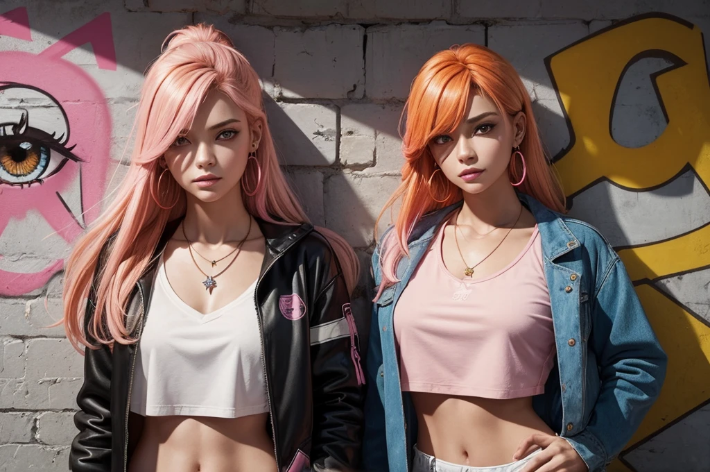 (masterpiece, Best quality, 1 girl, One, complex parts, Chromatic aberration), realistic, ((average breathing)),long hair, orange hair, Decoration on the head, pink highlights, hair over one eye, earrings, keen eyes, necklace, neon shirt, open jacket, crop top, (eye symmetry),(perfect symmetrical body),near the wall, Brick wall, graffiti, dim lighting, lane ,look at the viewer