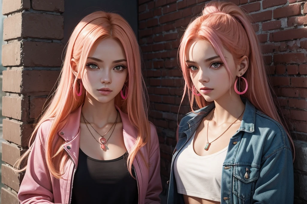 (masterpiece, Best quality, 1 girl, One, complex parts, Chromatic aberration), realistic, ((average breathing)),long hair, orange hair, Decoration on the head, pink highlights, hair over one eye, earrings, keen eyes, necklace, neon shirt, open jacket, crop top, (eye symmetry),(perfect symmetrical body),near the wall, Brick wall, graffiti, dim lighting, lane ,look at the viewer