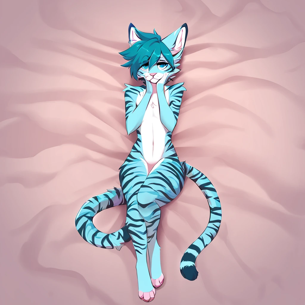 adult, feline, mammal, anthro, anthromorphic, cat, striped, fur, furred_anthro, femboy, male, blue, ear_tufts, purple, paws, hair_tuft, hair_between_eyes, long_tail, fluffy, expressive_eyes, blue/teal_hair, light looking_at_viewer, blue_fur, shy, small_pupils, spotted_pattern, stripes, tiger_stripes, digital_art, high_resolution, high_res, background, shy, posing, laying_down, pink_paws, paws, tail_connected_to_body, tail