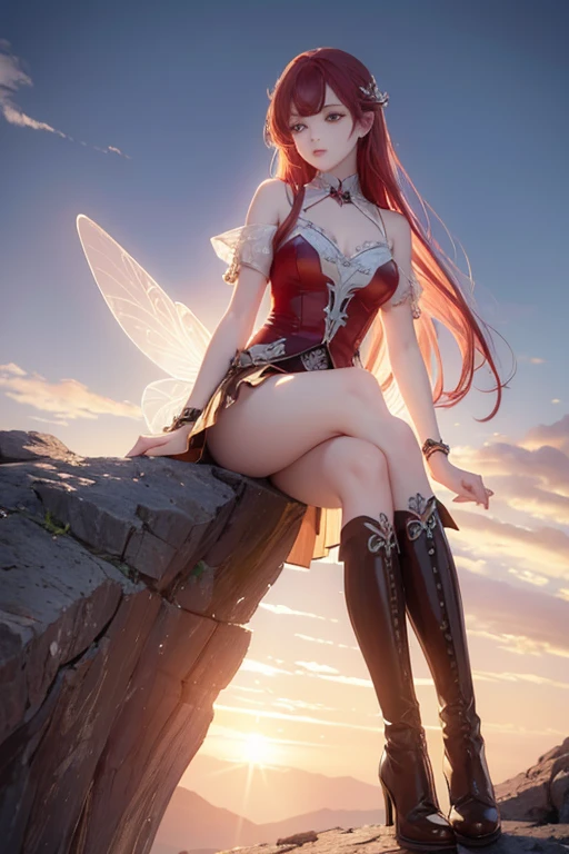 (Masterpiece:1.2), Best Quality, (illustration:1.2), (ultra detailed), hyper details, (delicate detailed), (intricate details), (cinematic light, Best Quality Backlights), Delete line, from below, soloist, perfect body, (1 girl), SRed fairy with long flowing red hair, miniskirt, leather boots, lacy wings, sitting on a cliff watching the sunset with a glass of wine in her hand. full body view., (make up), High contrast, (better lighting, an extremely created and beautiful), (cinematic light), showy,