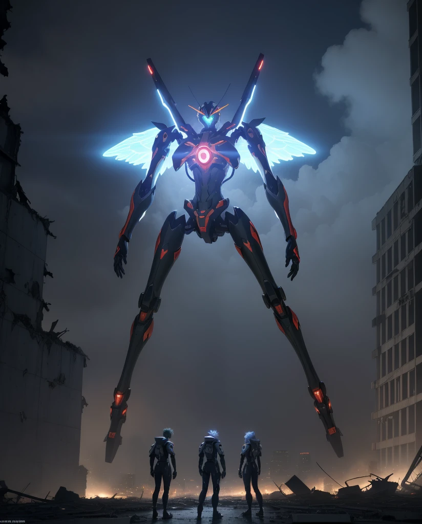 A giant mecha angel from neon genesis evangelion in the middle of a ruined city, fractal-like, dark mood, atmospheris, horror, The ultra -The high-definition、8K UHD、masterpiece