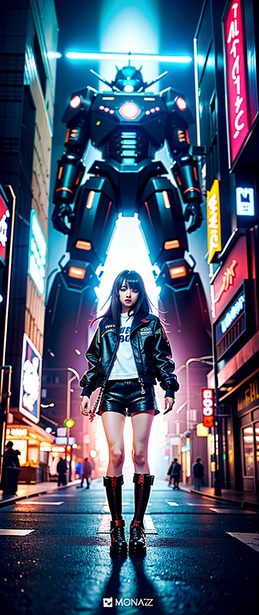 Anime girl in shorts and jacket standing next to a giant robot, artwork in the style of Gwaiz, Cyberpunk Anime Girl Mecha, Trending on cgstation, Gwaiz, By Russell Dongjun Lu, Digital Cyberpunk Anime Art, Lostrun 8k, Gwaiz on artstation pixiv, Girl wearing mecha cyber armor