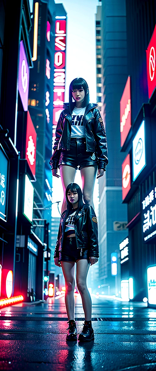 Anime girl in shorts and jacket standing next to a giant robot, artwork in the style of Gwaiz, Cyberpunk Anime Girl Mecha, Trending on cgstation, Gwaiz, By Russell Dongjun Lu, Digital Cyberpunk Anime Art, Lostrun 8k, Gwaiz on artstation pixiv, Girl wearing mecha cyber armor